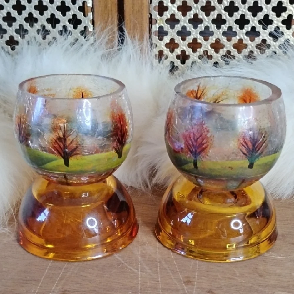 . Vintage Hand Painted Glass Candle Holders - Autumn Country Farmhouse Scene